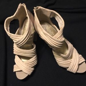 SEYCHELLES Taupe Suede Criss Cross Heels ON SALE
